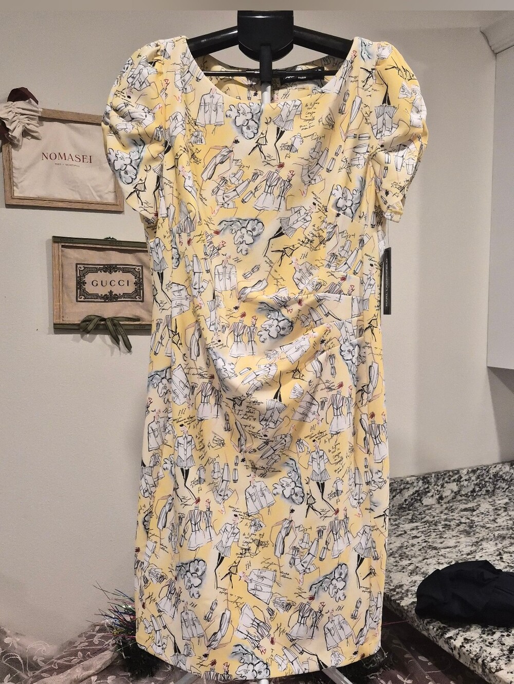 NWT Karl Lagerfeld Paris Yellow Fashion Sketch Draped Sheath Dress - Size 16